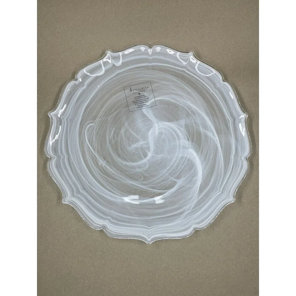 Artistic Accents Turkish Glass 4 Plates Set Entrée Dinner White Swirl 11